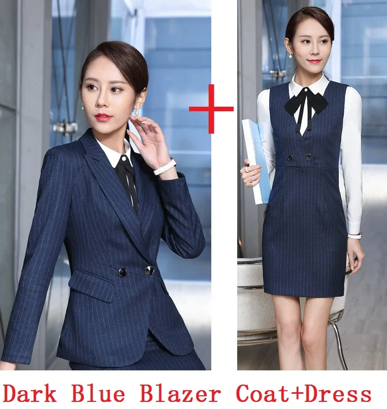 Модная полосатая профессиональная Униформа Формальные OL стили рабочие костюмы с пиджаками и платьем для дам Блейзер наряды размера плюс 3XL - Цвет: Dark Blue
