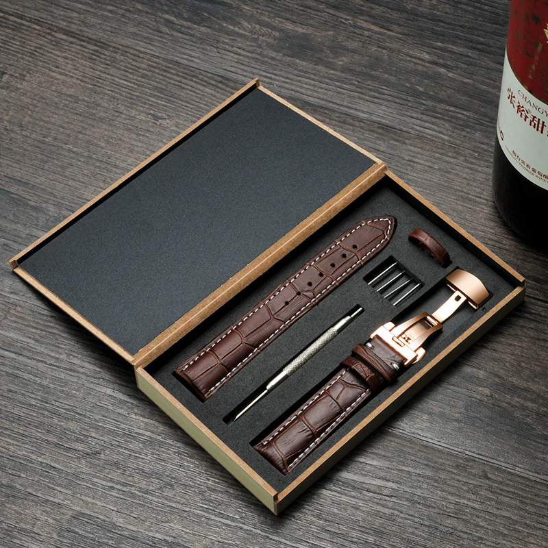 

Cowhide Leather Watch Band Strap Stainless Steel Butterfly Clasp 12mm 14mm 18mm 20m 22mm 24mm Watchband Exquisite Wooden Box