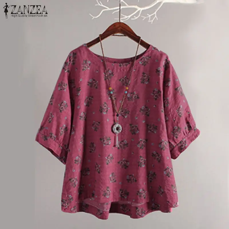 

ZANZEA Vintage Women Blouse Plus Size Summer Tops Casual Floral Print Blusa Work Blusas Female Lantern Sleeve Tunic Top
