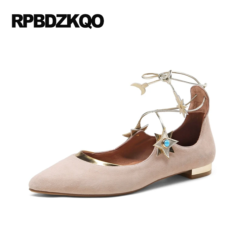 

Black Ladies Beautiful Suede Lace Up Pointed Toe Size 34 Flats Shoes Pearl 2017 Runway Unique Women Spring Autumn European