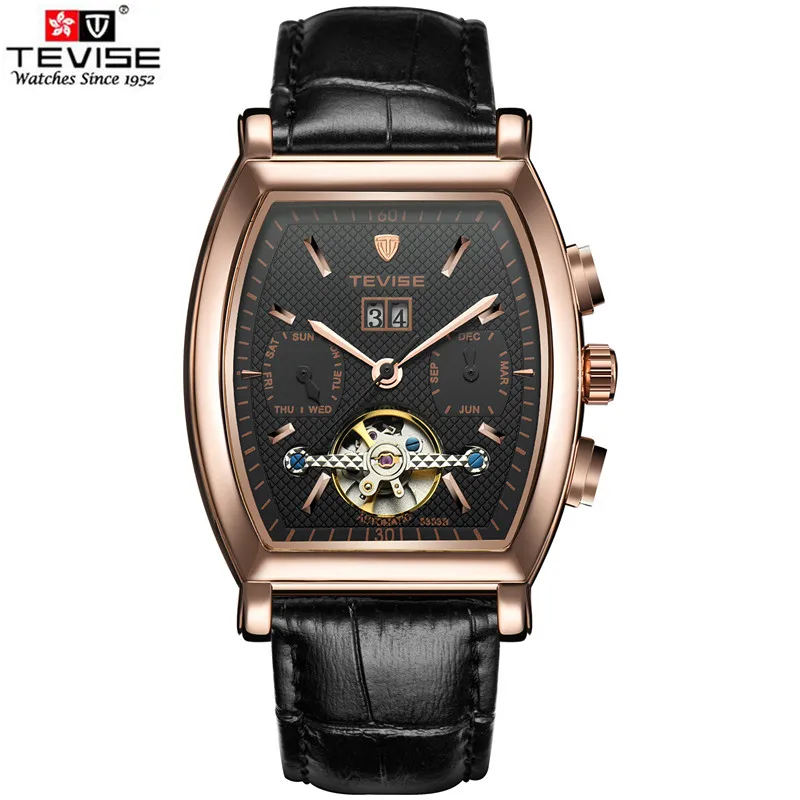 

TEVISE Men automatic mechanical watch tourbillon Rectangle dial leather fashion sports Mens watches relogio masculino Free Ship