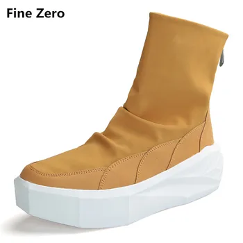 

Fine Zero Men 4cm Height Increasing Platform Boots Back Zip Leather Shoes Male Mixed Colors High Top Black White Men's Bota