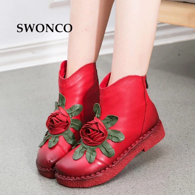 

SWONCO Women's Vintage Ankle Boots Genuine Leather Handmade Ladies Boot Winter Women Boots 2018 Soft Bottom Flowers Woman Shoes