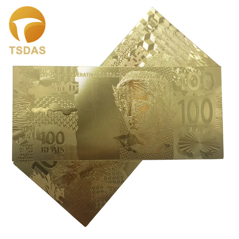 Souvenir Gif Gold Plated Banknote Engraved Brazil 100 BRL Collectible Gift Golden Fake Money 10pcs set