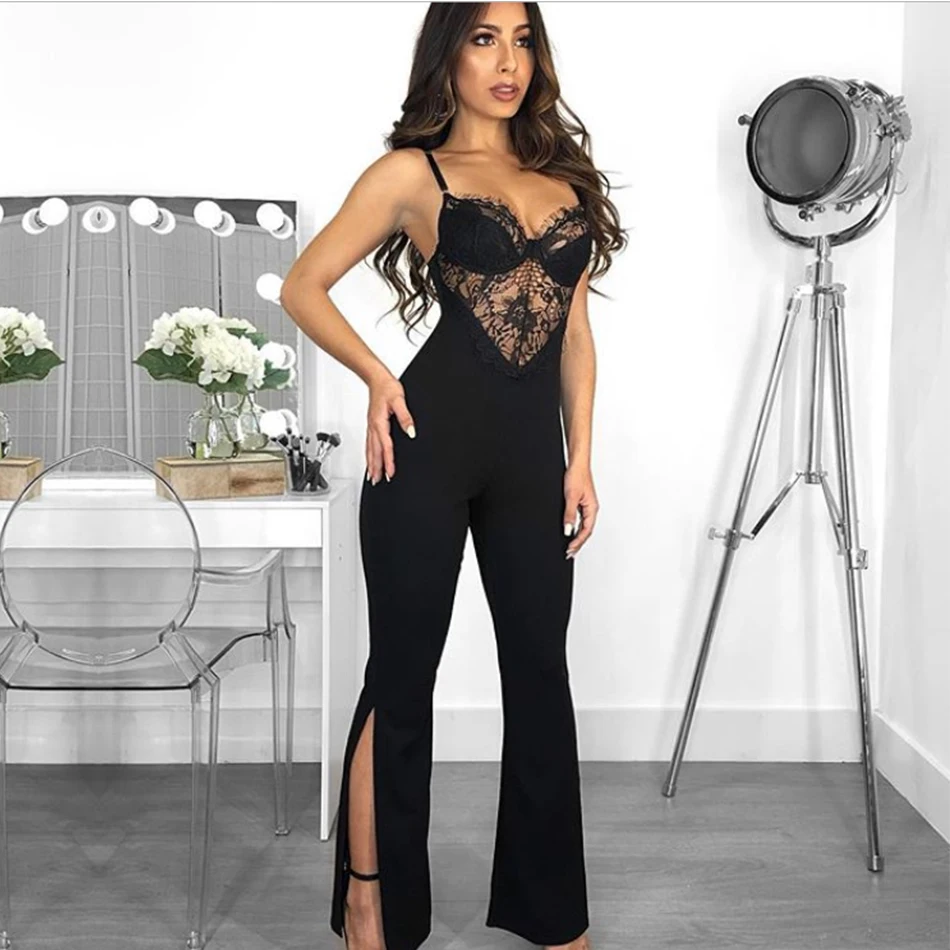 

ADYCE Lace Bandage Jumpsuit 2019 Rompers Women Jumpsuit Bodycon Bodysuits For Party Sexy Black Sleeveless Club Bandage Jumpsuit