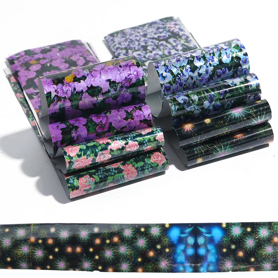 16pcs Colorful Flowers Nail Foils Stickers Adhesive Holographic Transfer Starry Paper Decals Summer Floral Wraps Decor Tip LA795 (11)