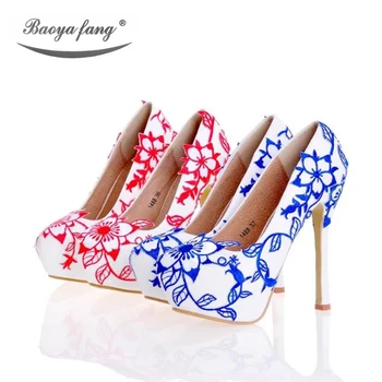 

Blue Red flower Wedding shoes womens High heels Pumps platform shoes 2017 Female stage shoes plus size leather insole