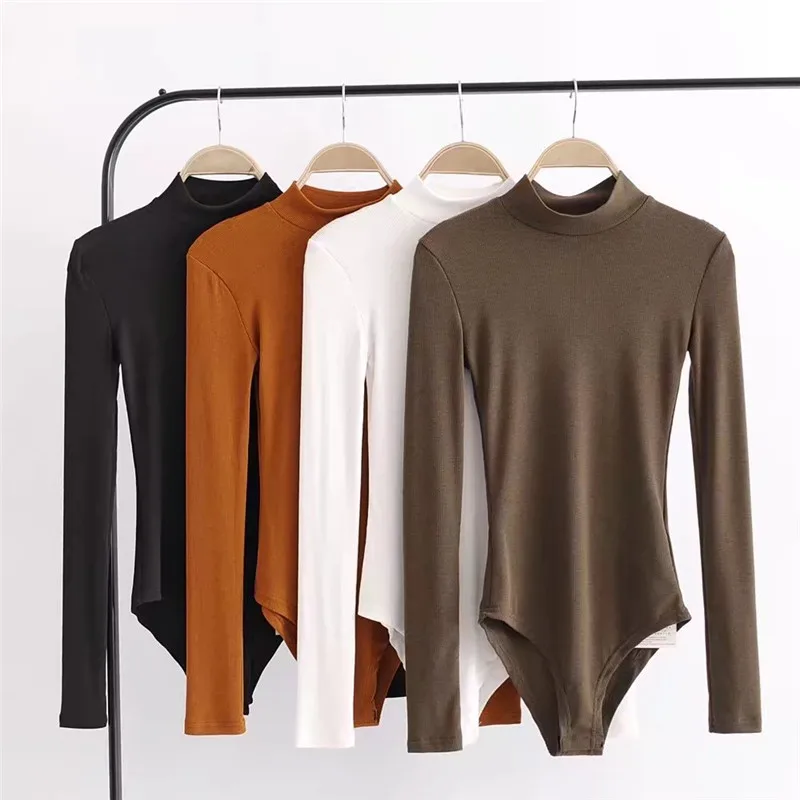 

All-match Slim Long Sleeved Turtleneck Half Leotard New Spring And Summer Frock Solid Grounding Siamese T-shirt