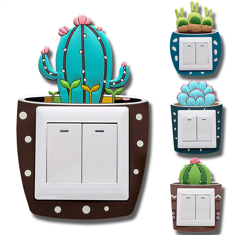1pc Cute Cartoon 3D Cactus Fluorescent Wall Silicone On-off Switch Stickers Kids Removable Light Switch Outlet Home Decorations