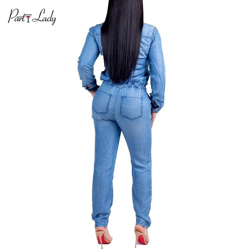 Party Lady 2018 Party Club Jumpsuits For Women Autumn Winter Blue Color Deep V-neck  Rompers Sexy Solid Button Girls Jumpsuit -C