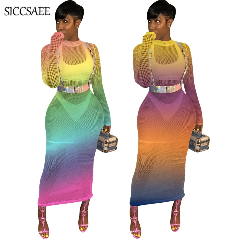 Long Sleeve Bodycon Bandage Dress Ankle Length Rainbow Gradient Color Printed Vestidos Verano 
