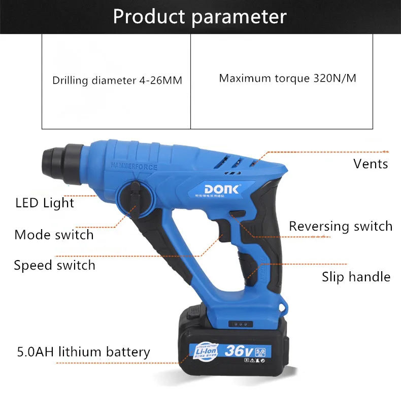 36 в перезаряжаемая литиевая батарея, электрический молоток, дрель, стена, ударная дрель, бетон, 4-26 мм, ударная отвертка, электроинструменты