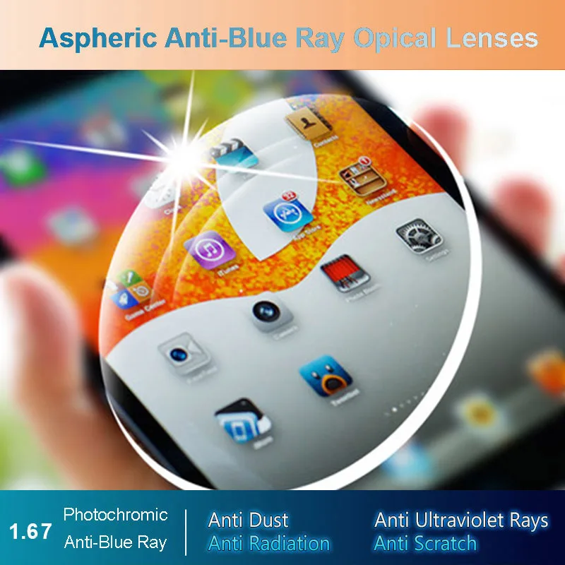 1.67 Anti-Blue Ray Photochromic Men and Women Optical Lenses Prescription Vision Correction Lenses for Digital Devices Photogray