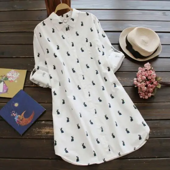 

Women's Long Shirt Blouse Rabbit Print Turn Down Collar Long Sleeve Casual Shirts