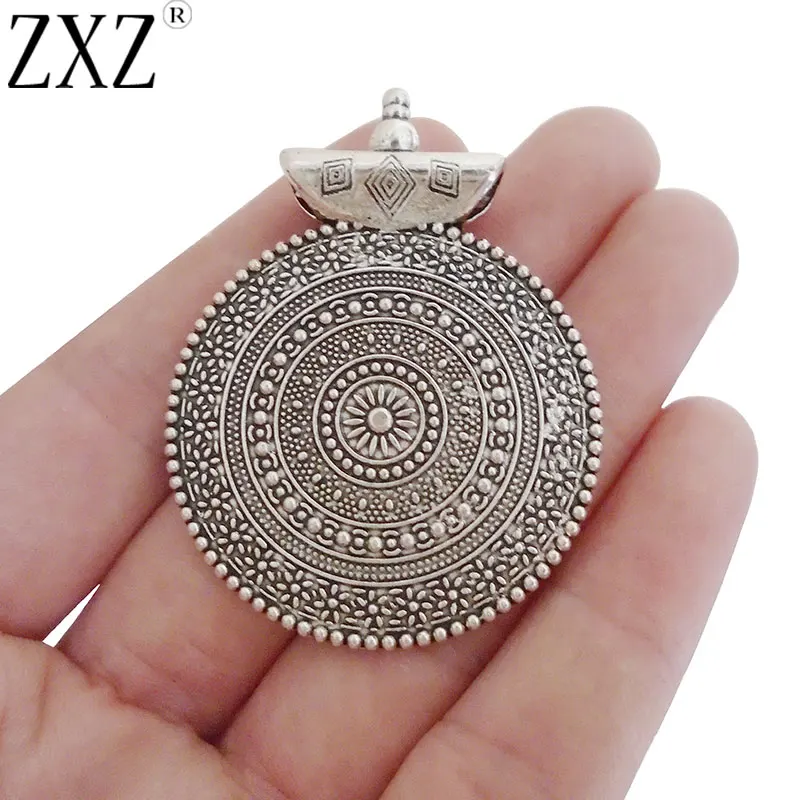 

ZXZ 5pcs Antique Silver Tone Round Flower Charms Pendants Bohemia Style For DIY Necklace Jewelry Making Findings 53x40mm
