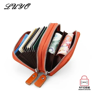 

LUYO Holdings Women ID Card Holder Genuine Leather Double Zipper Ladies Credit Card Case Small Wallet Purse Cartera Handy Female