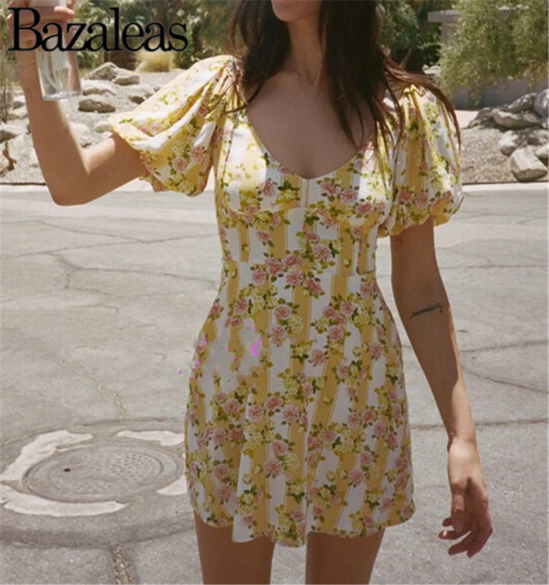 Bazaleas женское желтое платье с цветочным рисунком, тонкое шифоновое мини-платье с рукавами-фонариками, вечерние платья
