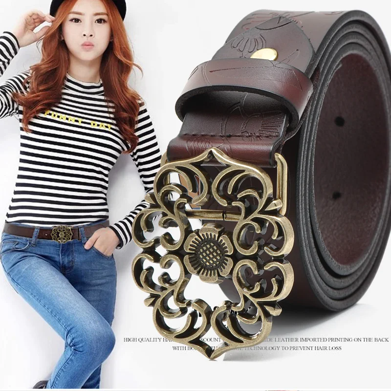 Genuine leather women belt fashion vintage metal embossing leather