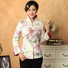 Высокое качество Фиолетовый китайский женский классический стиль печати Тан костюм Аппликации кнопки цветочные Куртки Пальто M L XL XXL 3XL MNY022106