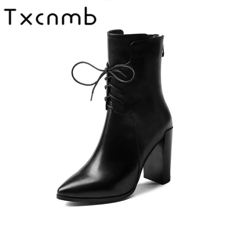 

TXCNMB 2019 Boots Women Ankle Boots for Women Winter Genuine Leather High Heel Shoes Woman Lace-up Size 39 40
