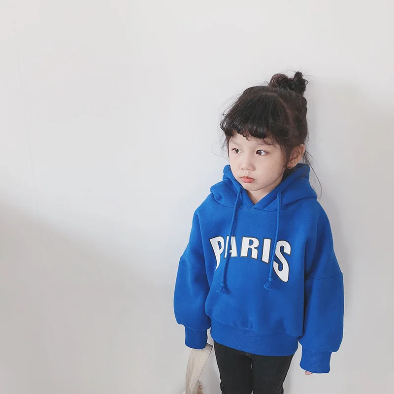 

Children's Letter Sweater Blue Plus Velvet Thickening Hooded Boys and Girls Winter New Tide Shirt