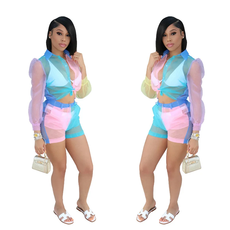 Echoine Colorful Sheer Mesh 2 Piece Set Women See Through Crop Top+ Pants Summer Clothes For Women Tracksuit Sportwear