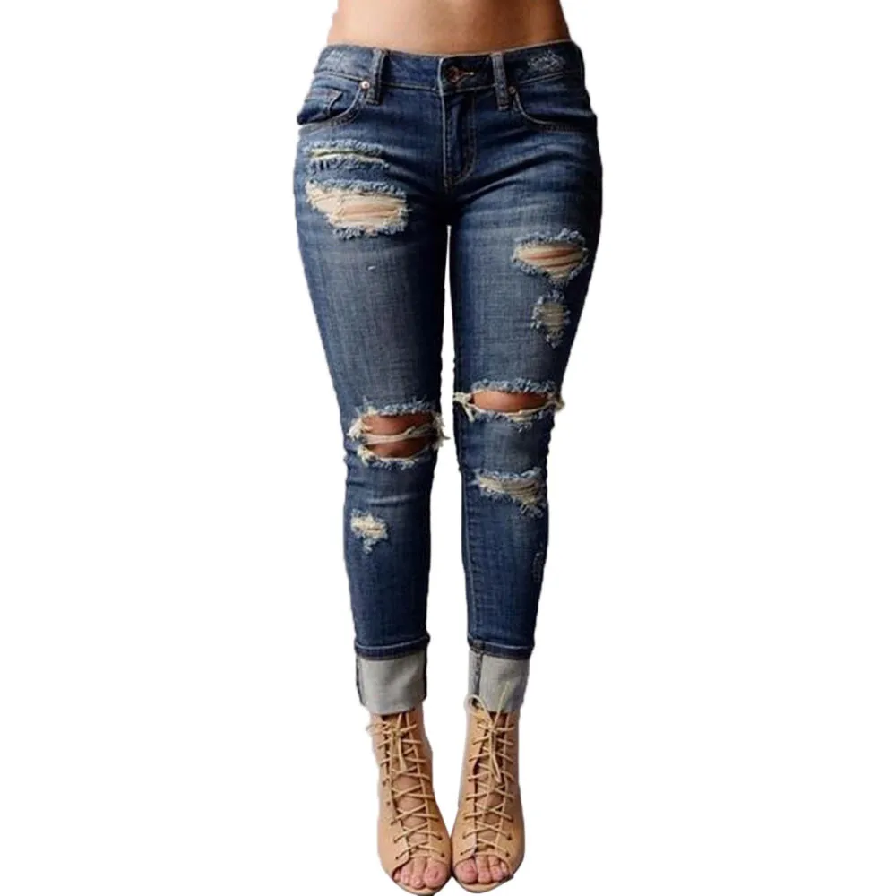 

JAYCOSIN clothes Women Mid Waisted pants Skinny Hole Denim Jeans Stretch Slim Pants Calf Length Jeans