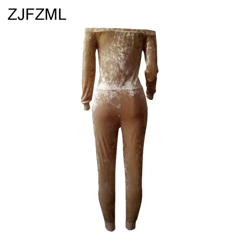 ZJFZML Good Quality Off Shoulder Velvet Jumpsuit Women Sexy Slash Neck Full Sleeve Bodycon Overalls Winter Thick Rompers 