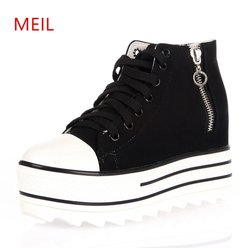 

High Top Wedges Canvas Shoes Woman Platform Sneakers Hidden Heel Height Increasing Casual Shoes 2019 Fashion Girls Zipper Flats