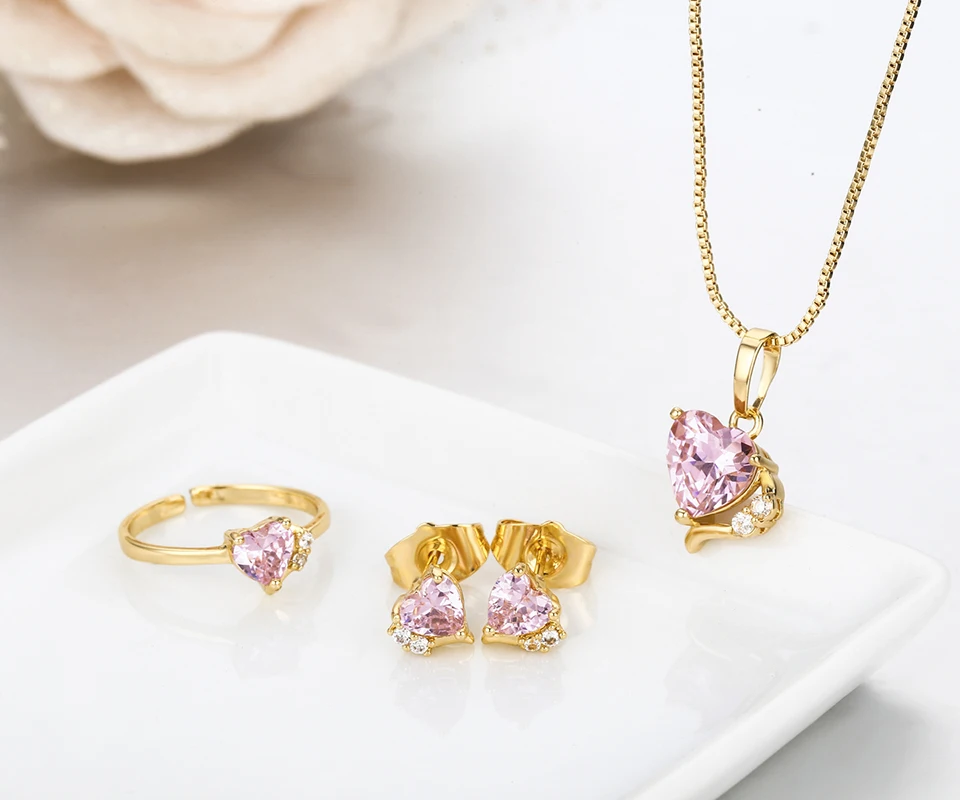 Милый золотой цвет Персиковое сердце розовый CZ циркон кулон ожерелье серьги кольцо маленькие Ювелирные наборы для детей девочки дети ребенок