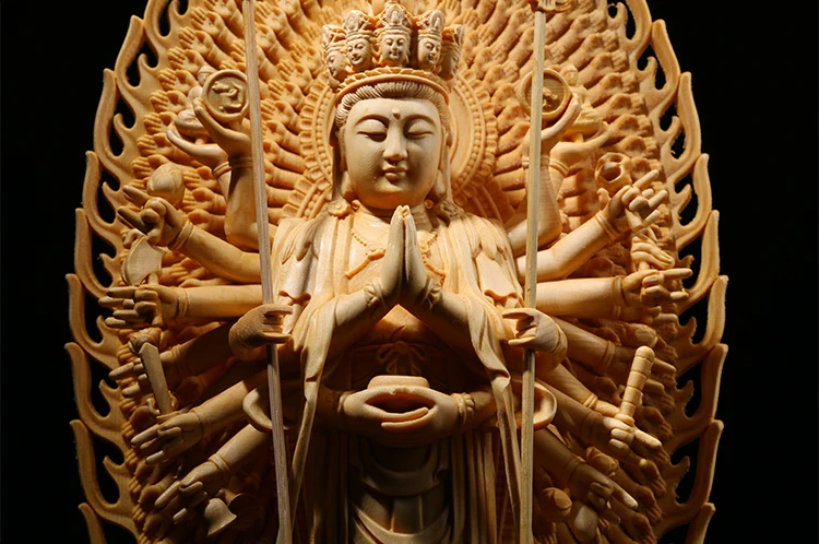 Деревянная резьба Гуаньинь и статуя Будды богини тысячи рук Западная троица из цельного дерева статуи Будды фэн-шуй для декора