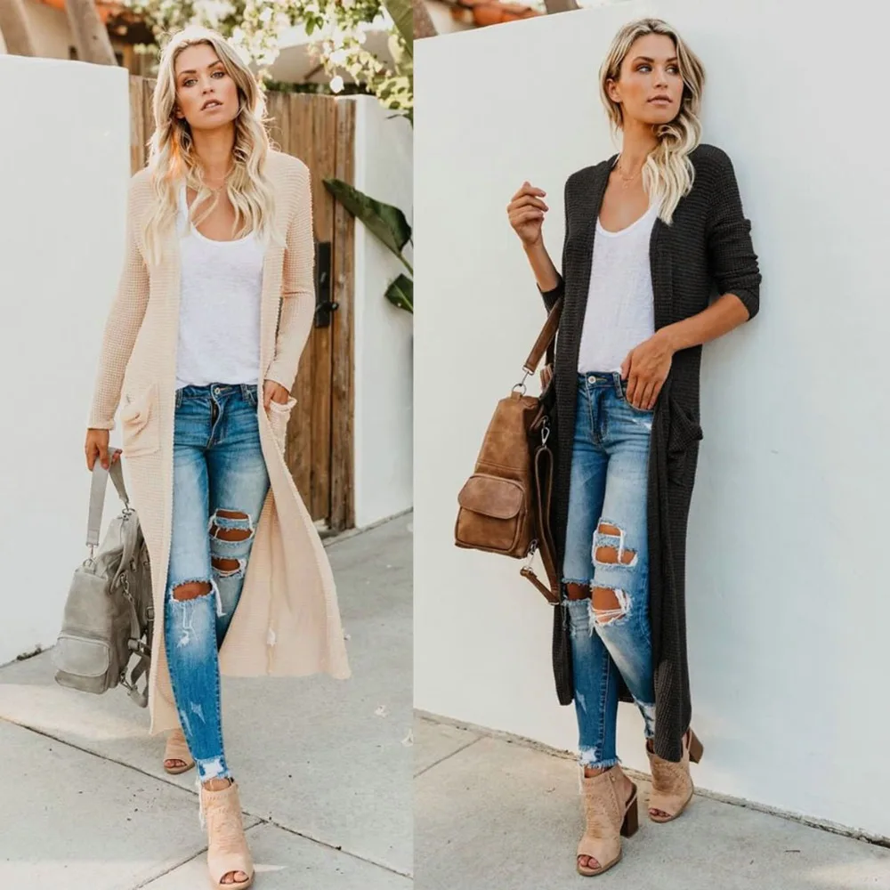 Women 2018 Autumn Winter Long Sleeve Split Open Cardigan Solid Color Sweater Cost with Pocket |