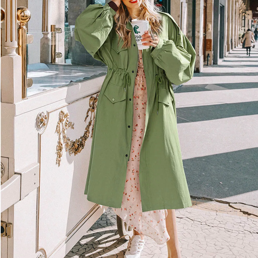 

Long Trench Coat Spring 2019 Lace Up Waist Lantern Sleeve Pocket Coat Women Solid Elegant Coats Female Plus Size