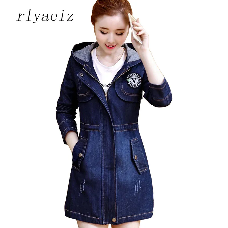 

RLYAEIZ Women Denim Jacket 2017 Spring Fashion Pockets Mid-Long Woman Zipper Jeans Jackets casaco Long Sleeve Hooded Denim Coats