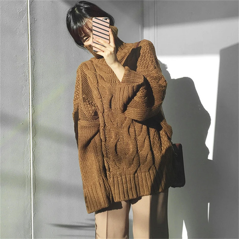 RUGOD женский свитер с высоким воротом, женские повседневные однотонные пуловеры размера плюс с длинным рукавом, вязаная теплая зимняя одежда, свитер размера d