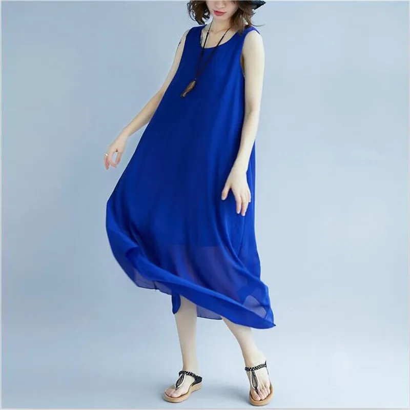 

2019 Women Summer Chiffon Tank Long Dress Solid Casual Loose Slim Beach Party Dress Vestido Plus Size Women Dress M-7XL