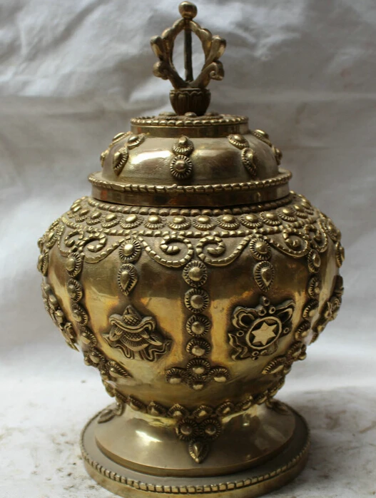 

JP S061 13" Tibet Tibetan Dynasty palace Brass bead 8 Auspicious Symbol Pot Jar Crock