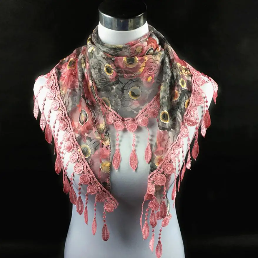 Кружевные Цветные Шарфы с бахромой и цветами, модный кружевной шарф-Мантилья с кисточками, шаль, шали и палантины - Цвет: Pink