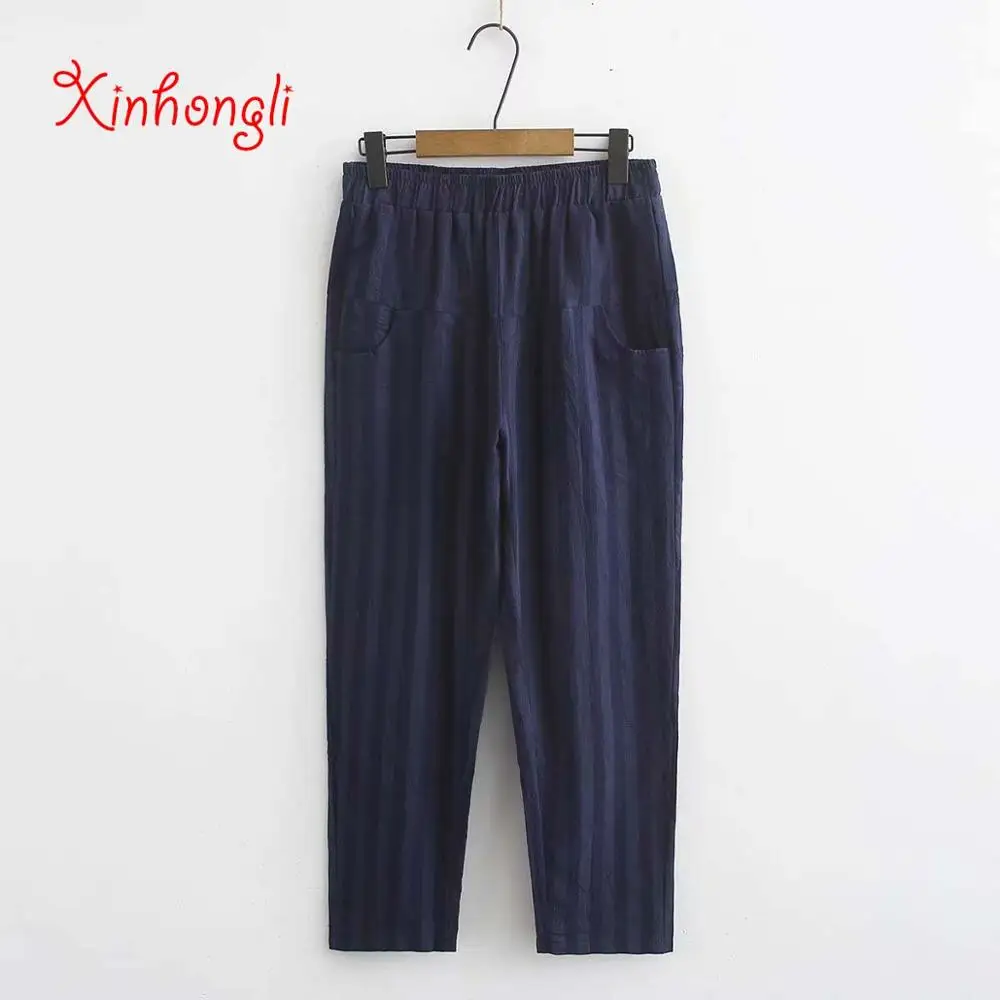 

Plus size Striped navy brown women loose Ankle-Length Pants 2020 NEW spring autumn casual ladies cotton linen Harem Pants female