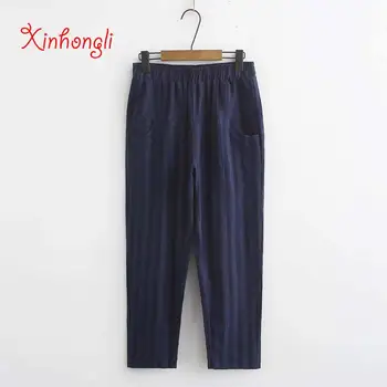 

Plus size Striped navy brown women loose Ankle-Length Pants 2020 NEW spring autumn casual ladies cotton linen Harem Pants female
