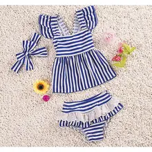 Детский купальник для девочек, юбка в полоску темно-синего цвета, белый кружевной купальник с полосатым бантом, лента для волос