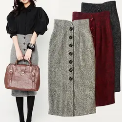 Женская Ретро-зимняя черная твидовая юбка с высокой талией Осень-зима твидовая юбка однобортная Высокая талия сумка бедра юбка элегантная