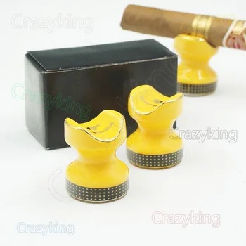 

2 x Classic Yellow Ceramics Travel Cigar Holder Showing Stand Ashtray Fits Cohiba Cigars