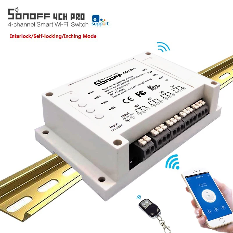 

Sonoff 4CH Pro - 4 Channel WiFi RF Smart ON/OFF Remote Switch Controller Inching/Self-Locking/Interlock/ Timer DIN Rail Mounted