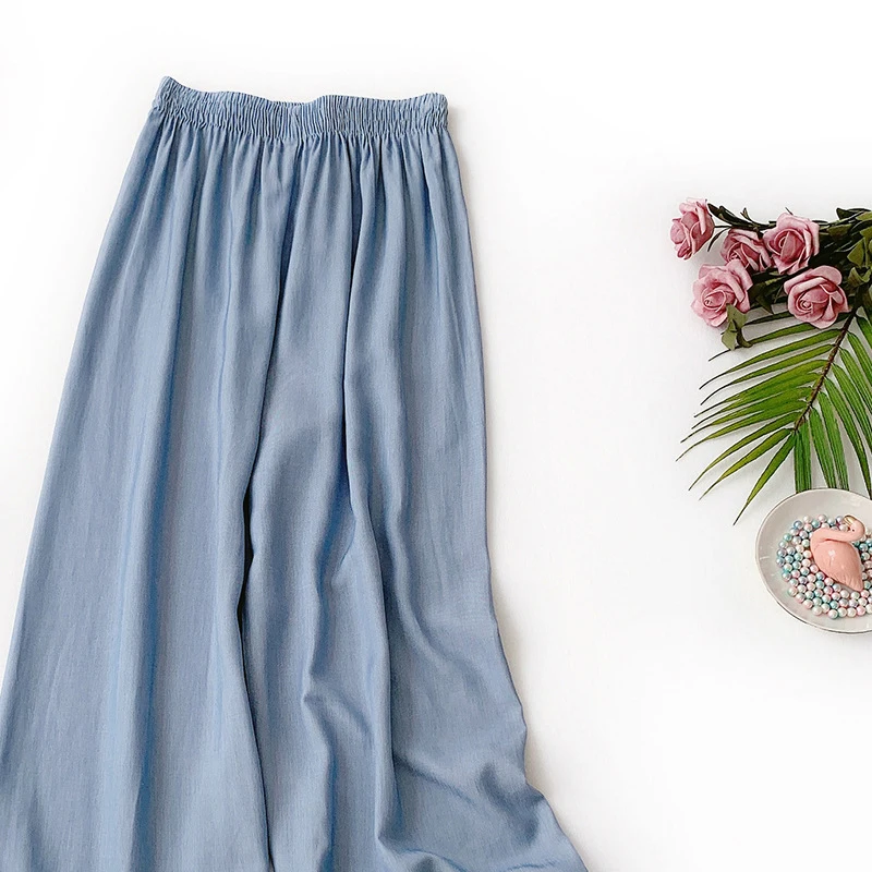 2019 new women's wide-leg pants elastic waist waist pants solid color silk imitation denim casual loose pants 858 2019 new women's wide-leg pants elastic waist waist pants solid color silk imitation denim casual loose pants 858