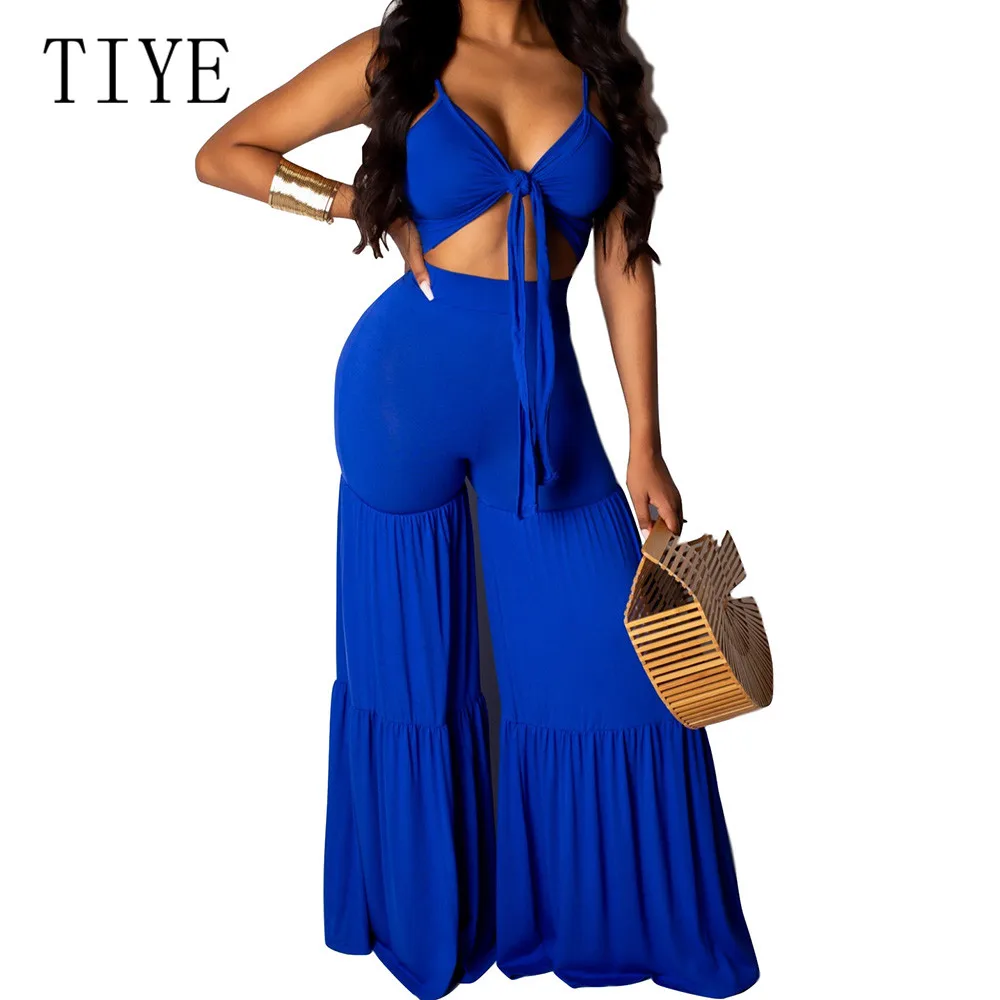 

TIYE Blue Casual Wide Leg Pants Summer Sexy V Neck Sleeveless Lace-up Jumpsuits Women Boho Beach Night Party Loose Playsuits