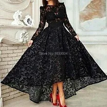 Long Sleeves Black Lace robe dubai hijab evening dresses 2016