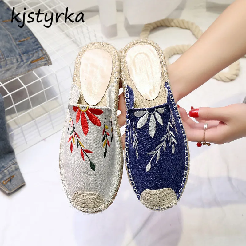 

Kjstyrka 2018 Brand designer women mules ladies fashion embroidered flats loafers shoes slides Non Slip Damping zapatos mujer