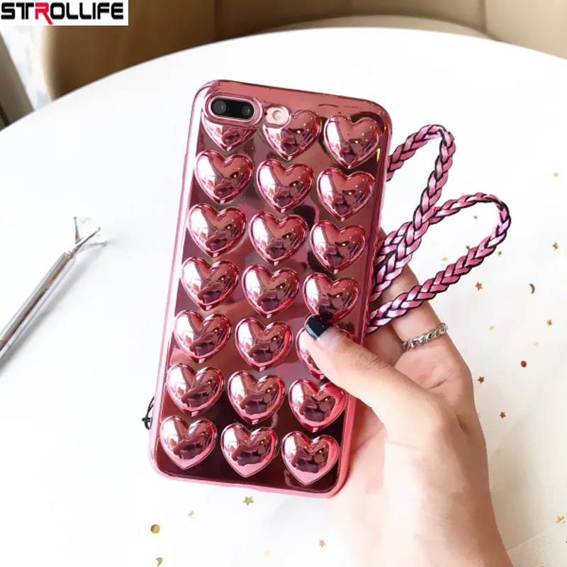 

STROLLIFE Rose Gold Plating Phone Cases For iphone 8 case Fashion 3D Love Heart Soft Cover Capa For iphone 8 Coque with Lanyard