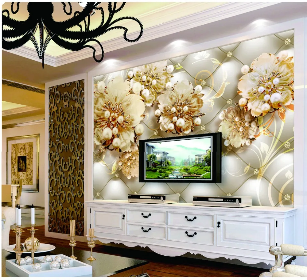 Custom 3d Mural Wallpaper Golden Flower Diamond Jewelry TV Background Wall Painting Wallpaper